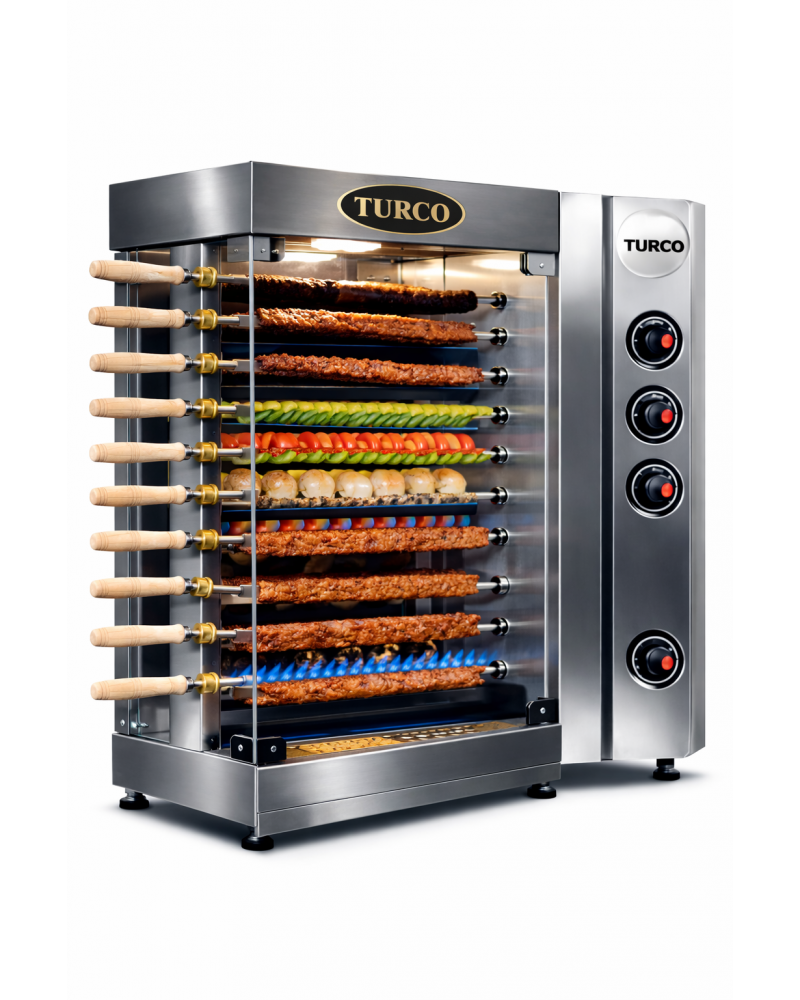 2 × 10‑Skewer Vertical Gas Kofte Kebab & Shashlik Grill - Adana Kebab - Sish Kebab – Lava Rock BBQ, 4 kW (3439 kW equiv), 50×75×110 cm, 70 kg