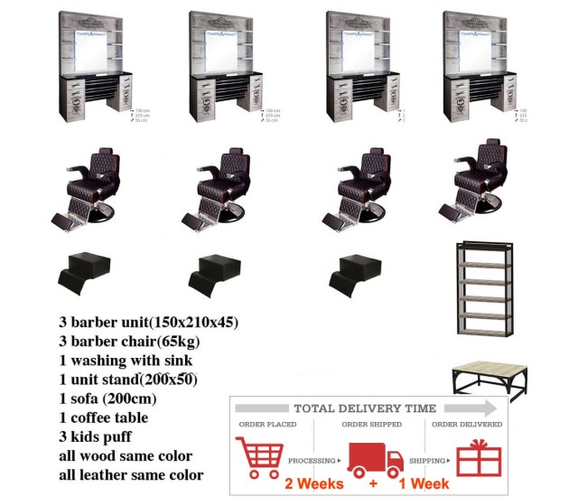 Complete Barber Furniture Set Chair | Wall Unit | Waiting Couch | Reception Desk