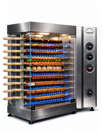 2 × 10‑Skewer Vertical Gas Kebab & Shashlik Grill – Lava Rock BBQ, 4 kW (3439 kW equiv), 50×75×110 cm, 70 kg