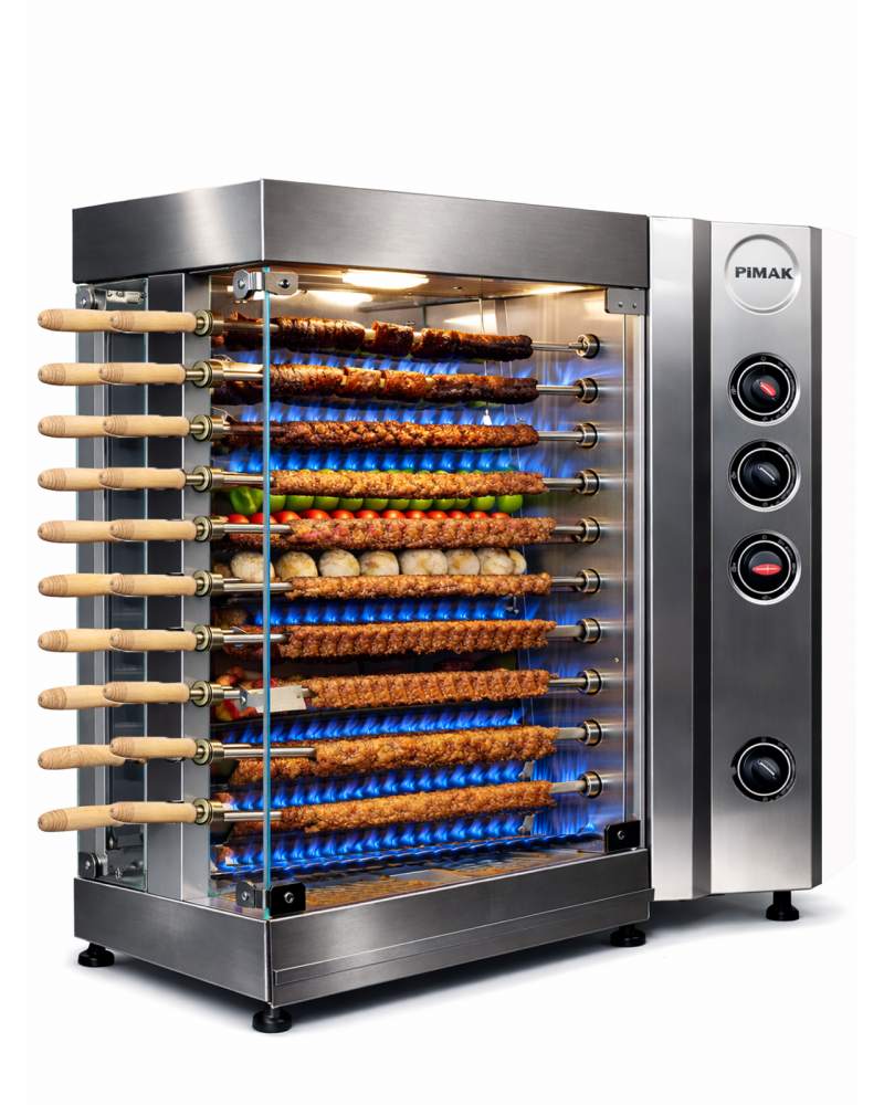 2 × 10‑Skewer Vertical Gas Kebab & Shashlik Grill – Lava Rock BBQ, 4 kW (3439 kW equiv), 50×75×110 cm, 70 kg