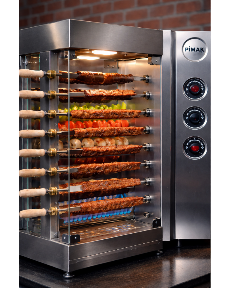 2 × 10‑Skewer Vertical Gas Kebab & Shashlik Grill – Lava Rock BBQ, 4 kW (3439 kW equiv), 50×75×110 cm, 70 kg