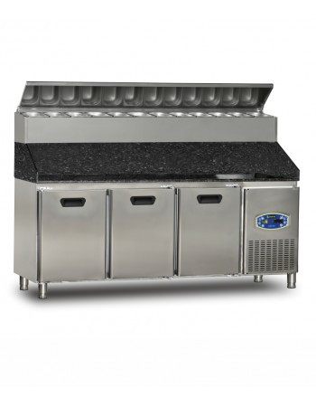 TURCO 3 Door Pizza Preparation Refrigerator 200cm Commercial Stainless Steel Granite Top