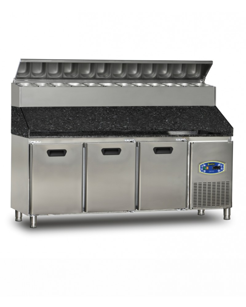 TURCO 3 Door Pizza Preparation Refrigerator 200cm Commercial Stainless Steel Granite Top