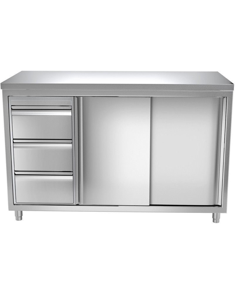 Commercial Worktop Floor Cupboard 3 drawers Left 2 sliding doors Stainless steel Width 1600x700x850mm | TurcoBazaar VTC167L3