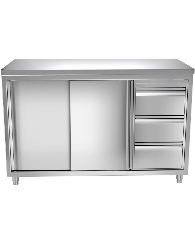 Commercial Worktop Floor Cupboard 3 drawers Right 2 sliding doors Stainless steel Width 1600x600x850mm | TurcoBazaar VTC166R3