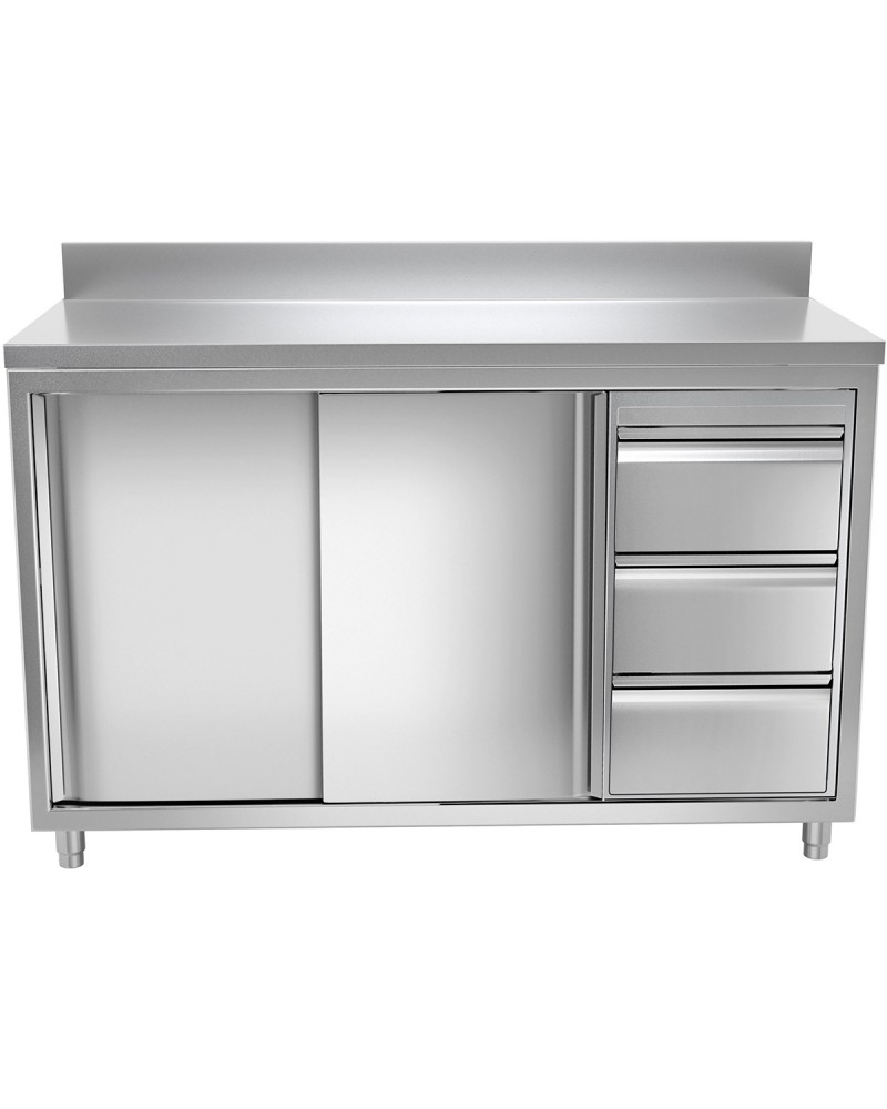 Commercial Worktop Floor Cupboard 3 drawers Right 2 sliding doors Stainless steel 1400x600x850mm Upstand | TurcoBazaar VTC146R3B