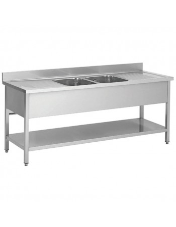 Commercial Sink Stainless steel 2 bowls Bottom shelf Splashback 2000mm Depth 600mm | TurcoBazaar THSTR206BM2