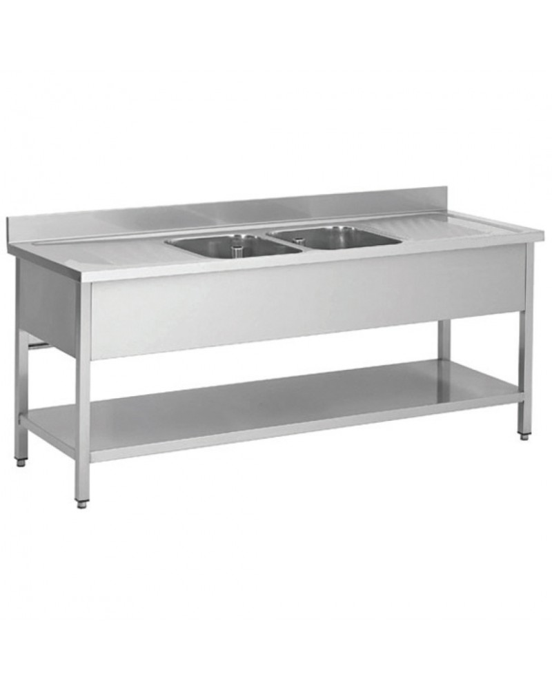 Commercial Sink Stainless Steel 2 Bowls Bottom Shelf Splashback 2000x600x950 | TurcoBazaar YLS206BM2