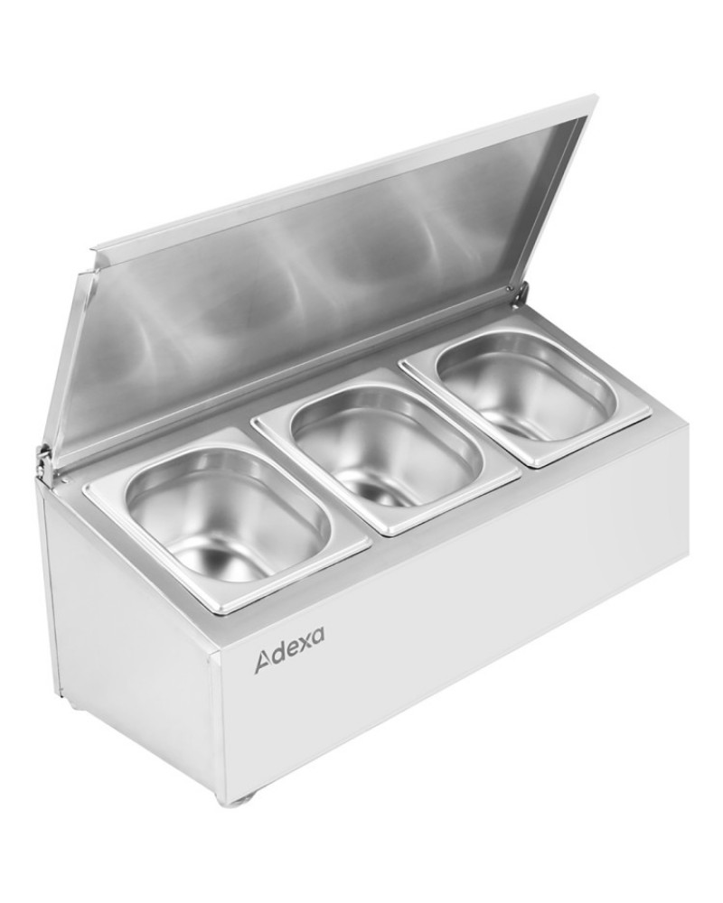 Commercial Condiment Holder with lid including 3xGN1/6-100mm containers Stainless steel | CHD03AFL Commercial Condiment Holder with lid including 3xGN1/6-100mm containers Stainless steel | CHD03AFL