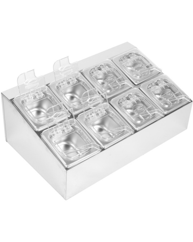 Commercial Condiment Holder including 8xGN1/6-100mm pans & fliptop lids | CHD08BPCFL Commercial Condiment Holder including 8xGN1/6-100mm pans & fliptop lids | CHD08BPCFL