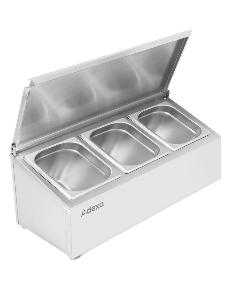 Commercial Condiment Holder with lid including 3xGN1/4-100mm containers Stainless steel | CHE03AFL Commercial Condiment Holder with lid including 3xGN1/4-100mm containers Stainless steel | CHE03AFL