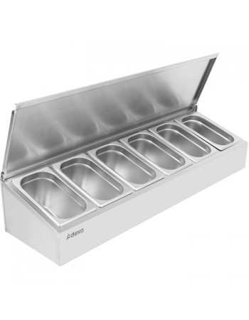 Commercial Condiment Holder with lid including 6xGN1/4-150mm containers Stainless steel | CHE06ADFL Commercial Condiment Holder with lid including 6xGN1/4-150mm containers Stainless steel | CHE06ADFL
