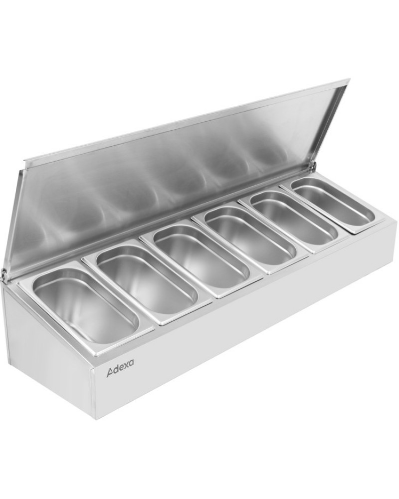 Commercial Condiment Holder with lid including 6xGN1/4-150mm containers Stainless steel | CHE06ADFL Commercial Condiment Holder with lid including 6xGN1/4-150mm containers Stainless steel | CHE06ADFL