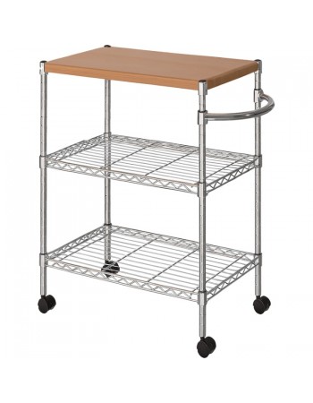 Chrome 3-Tier Utility Trolley Cart with Wooden Top 600x450x750mm |  MGA265