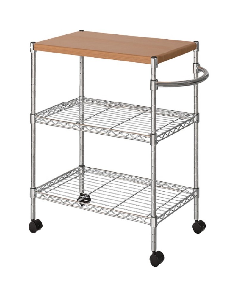 Chrome 3-Tier Utility Trolley Cart with Wooden Top 600x450x750mm | MGA265 Chrome 3-Tier Utility Trolley Cart with Wooden Top 600x450x750mm | MGA265