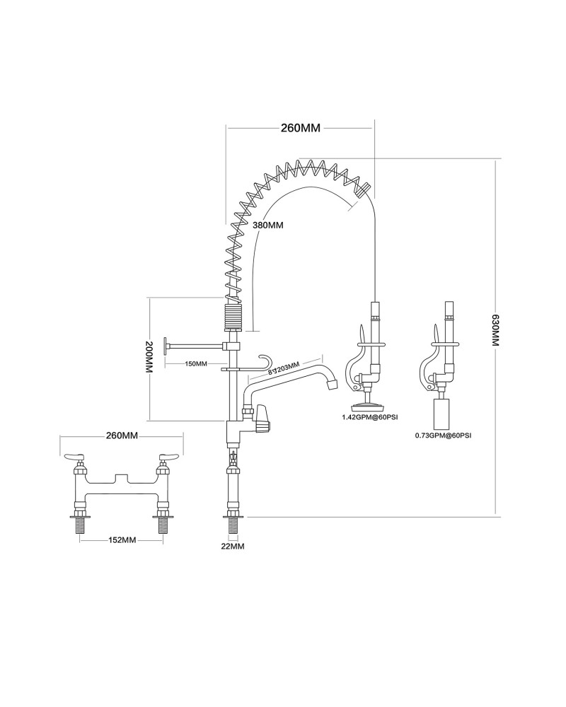 6-Inch Mini Dual Temperature Pre-Rinse Faucet with Spray Valve and 8" Swing Faucet Deck Mount Chrome Plated Brass | TurcoBazaar 5809A08 6-Inch Mini Dual Temperature Pre-Rinse Faucet with Spray Valve and 8" Swing Faucet Deck Mount Chrome Plated Brass | TurcoBazaar 5809A08