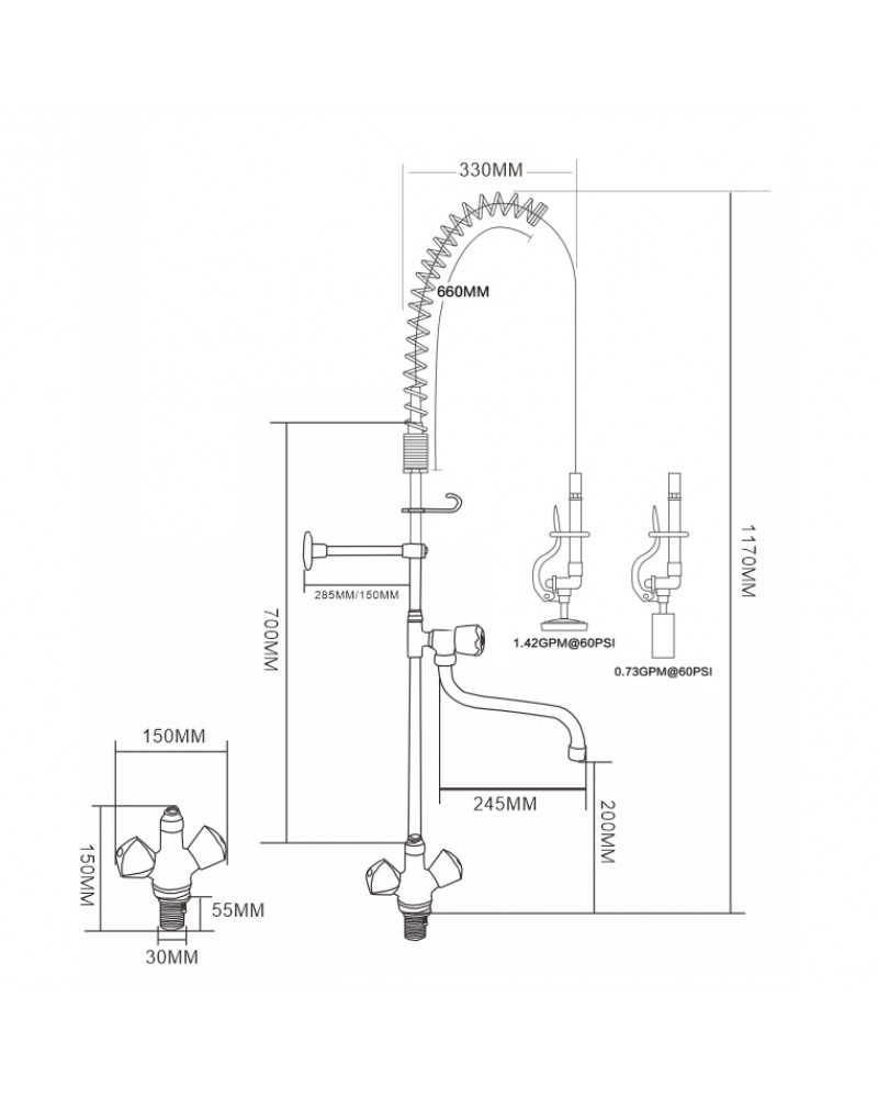 Standard Pre Rinser with Compression Cartridge and Rotary Handle & 12" Swing Nozzle Chrome Plated Brass | TurcoBazaar 6902A12