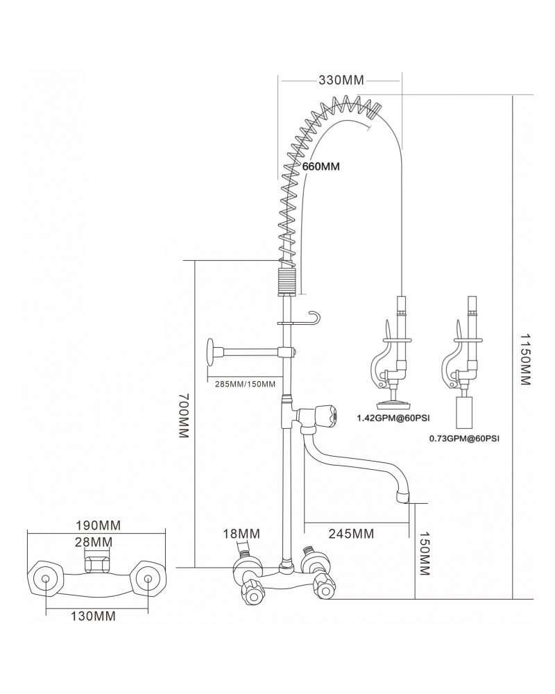 Standard Wall-Mounted Pre Rinser with Compression Cartridge and Rotary Handle & 12" Swing Nozzle Chrome Plated Brass | TurcoBazaar 6903A12
