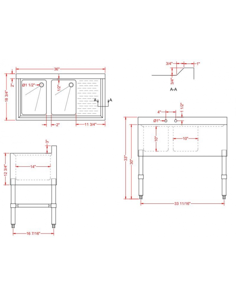 Commercial Bar Sink with Backsplash 2 Bowls Left 914x470x762mm | TurcoBazaar BAR2B36R