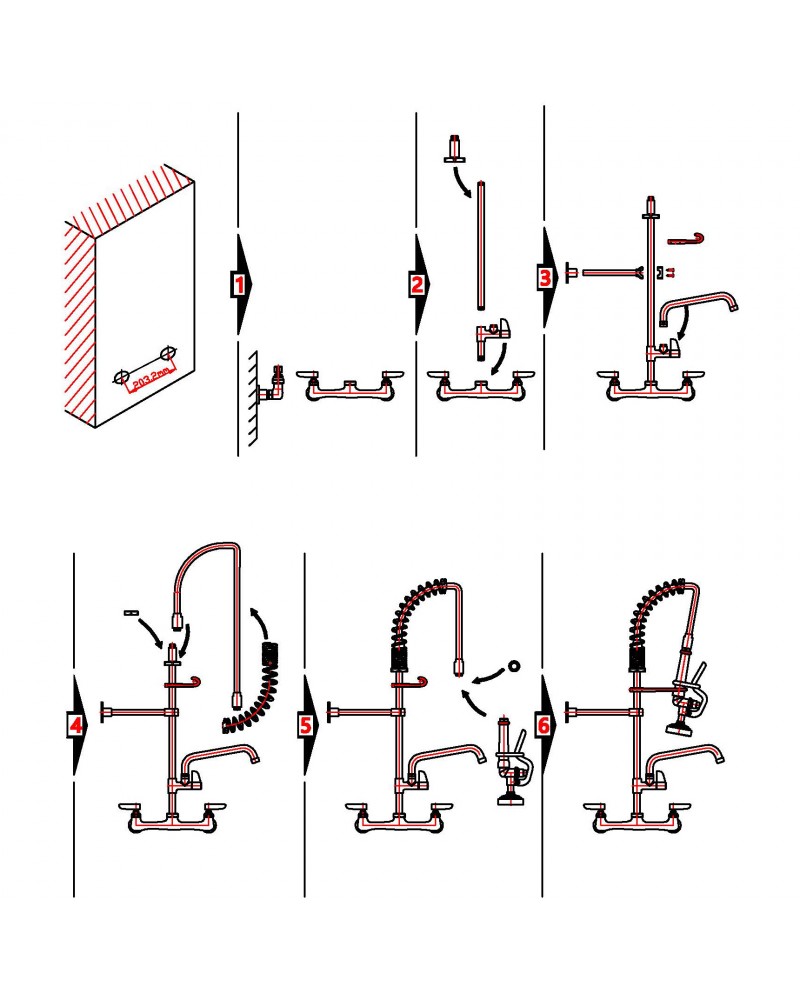 8" Wall Mounted Pre-Rinse Faucet with Add-On 6" Swing Spout & 22" Hose & Spray Valve | TurcoBazaar BXF240