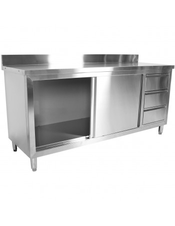 Commercial Worktop Floor Cupboard Sliding doors 3 Drawers Stainless steel 2000x600x850mm Upstand | TurcoBazaar VTC206R3B