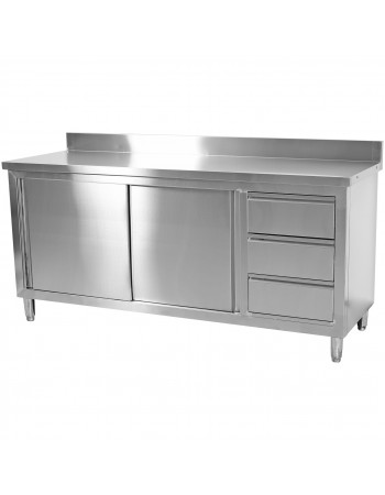 Commercial Worktop Floor Cupboard Sliding doors 3 Drawers Stainless steel 2000x600x850mm Upstand | TurcoBazaar VTC206R3B