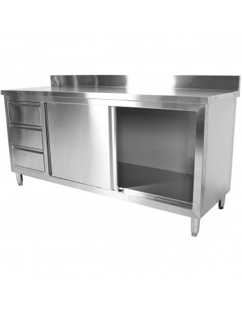 Commercial Worktop Floor Cupboard 3 drawers Left 2 sliding doors Stainless steel 1600x600x850mm Upstand | TurcoBazaar VTC166L3B