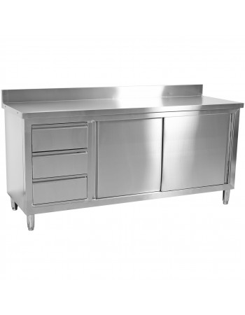 Commercial Worktop Floor Cupboard 3 drawers Left 2 sliding doors Stainless steel 1600x600x850mm Upstand | TurcoBazaar VTC166L3B