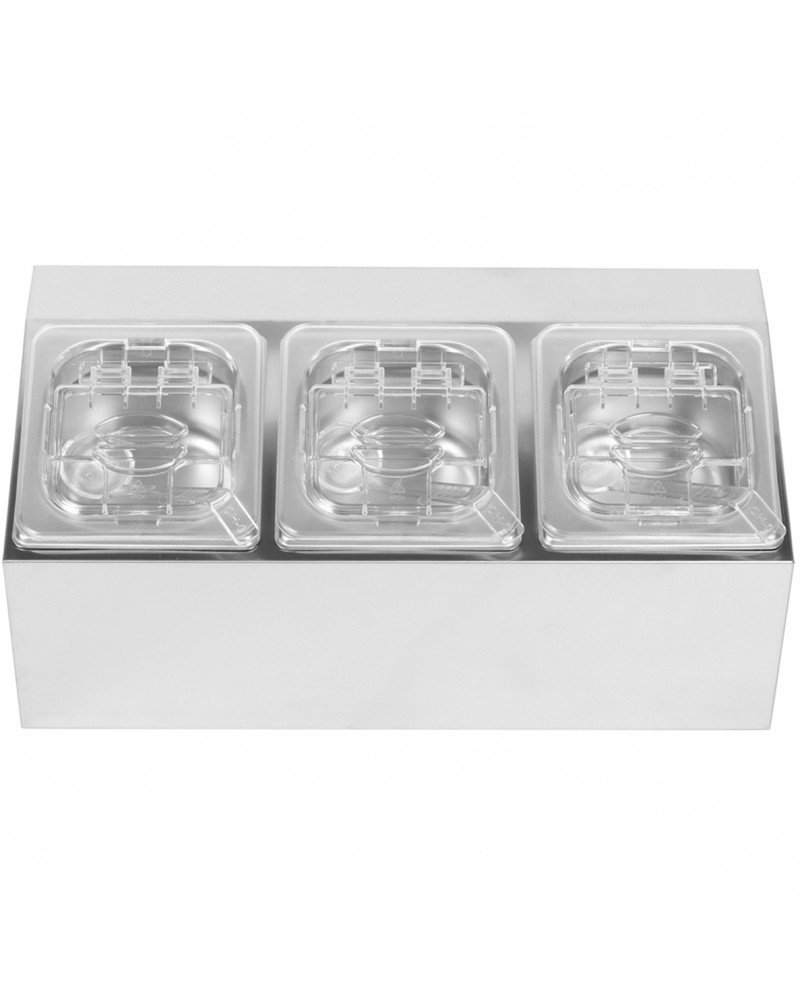 Commercial Condiment Holder including 3xGN1/6-100mm pans & fliptop lids |  CHD03APCFL