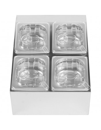 Commercial Condiment Holder including 4xGN1/6-100mm pans & fliptop lids |  CHD04BPCFL