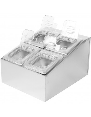 Commercial Condiment Holder including 4xGN1/6-100mm pans & fliptop lids |  CHD04BPCFL