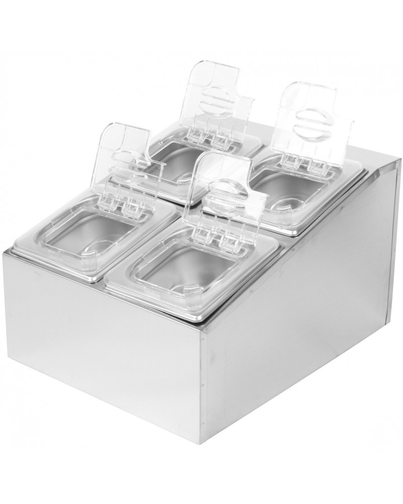 Commercial Condiment Holder including 4xGN1/6-100mm pans & fliptop lids |  CHD04BPCFL