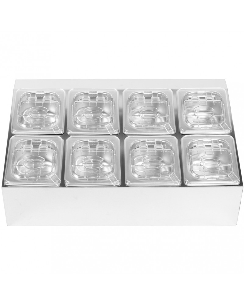Commercial Condiment Holder including 8xGN1/6-100mm pans & fliptop lids |  CHD08BPCFL