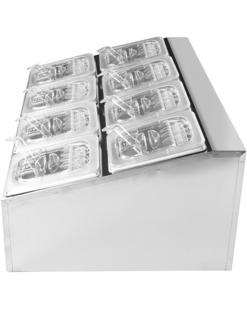 Commercial Condiment Holder including 8xGN1/6-100mm pans & fliptop lids |  CHD08BPCFL
