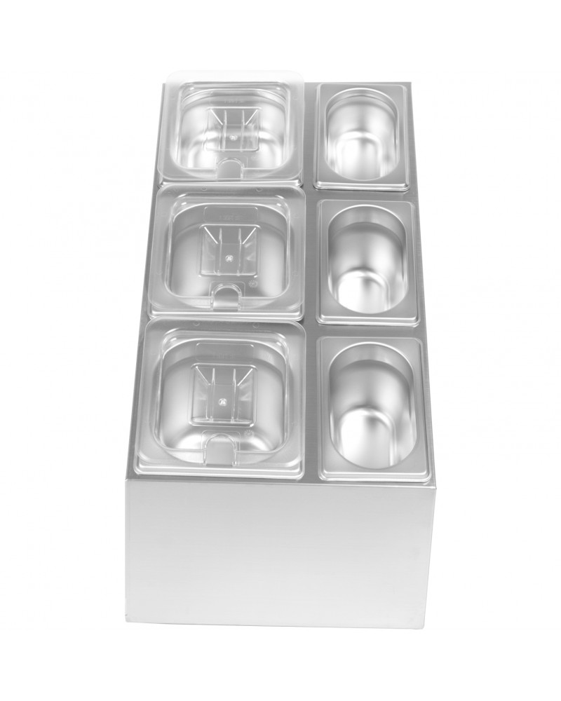 Commercial Condiment Pan Holder including 3xGN1/6 + 3xGN1/9 pans with recess lids & ladles |  CHM01D