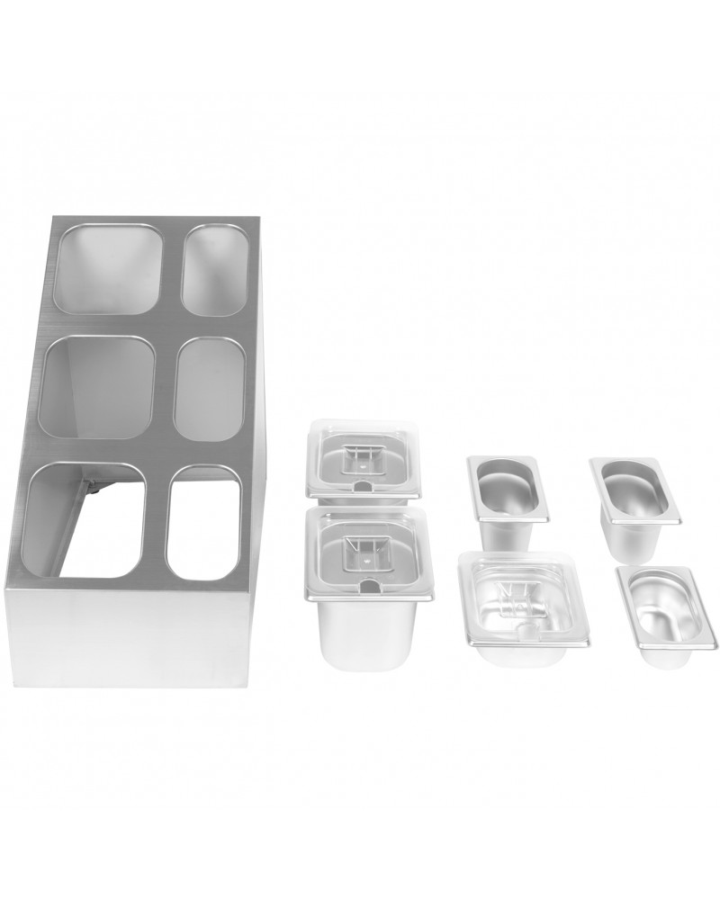 Commercial Condiment Pan Holder including 3xGN1/6 + 3xGN1/9 pans with recess lids & ladles |  CHM01D