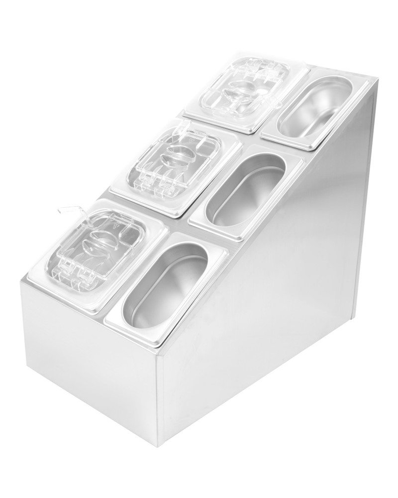 Commercial Condiment Pan Holder including 3xGN1/6 + 3xGN1/9 pans with recess lids & ladles |  CHM01D