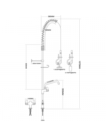 Pre Rinse Spray Unit with Swing faucet Deck mount Double inlet Height 1000mm Stainless steel | TurcoBazaar EQ2801A12