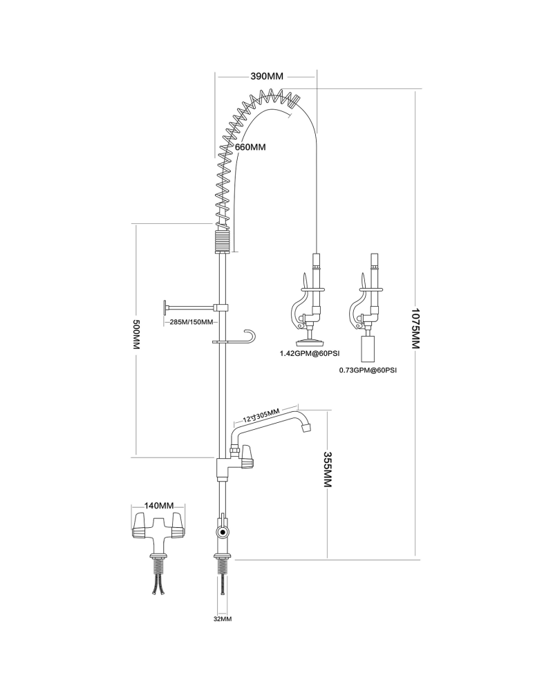 Pre Rinse Spray Unit with Swing faucet Deck mount Double inlet Height 1000mm Stainless steel | TurcoBazaar EQ2801A12