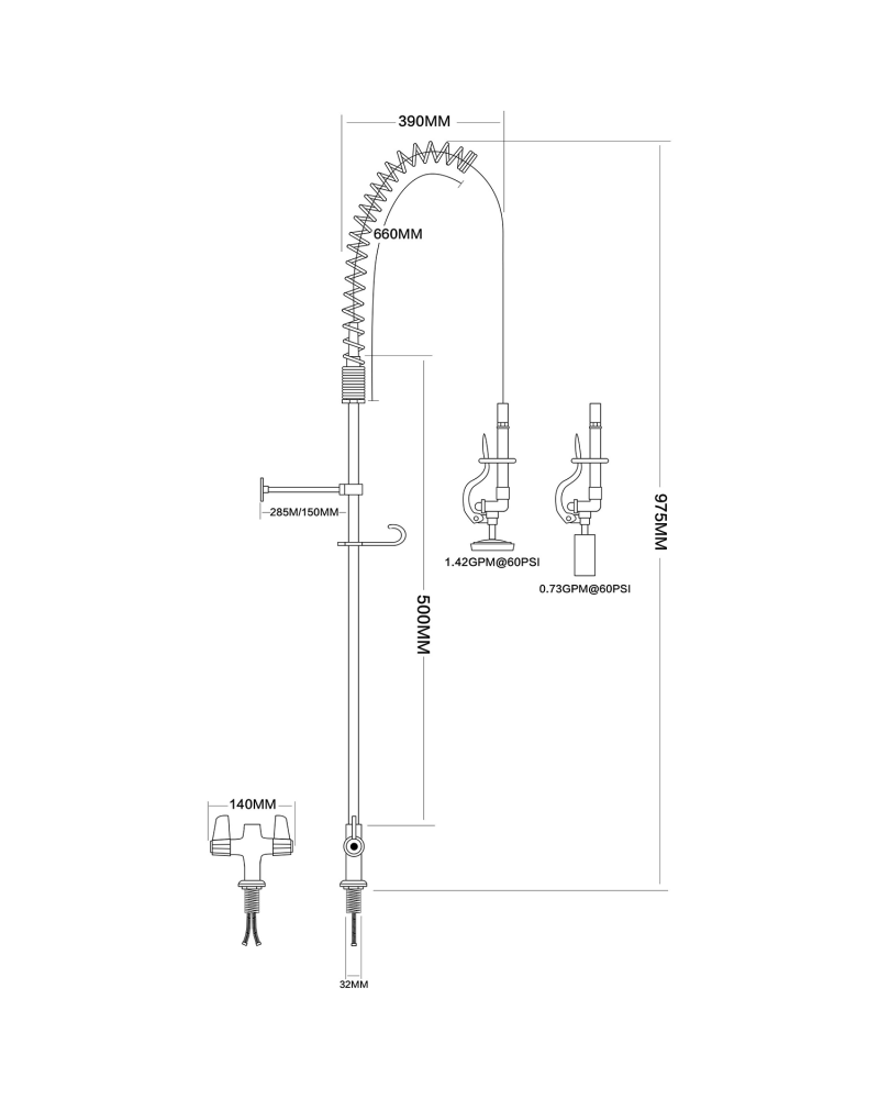 Pre Rinse Spray Unit Deck mount Double inlet Height 1000mm Stainless steel | TurcoBazaar EQ2801A