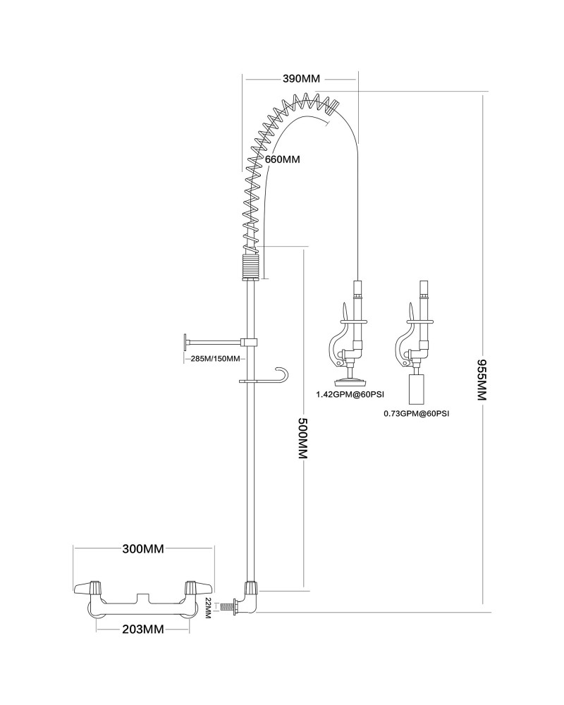 8" Wall Mount Commercial Pre-Rinse Faucet with Flexible Hose & Spray Valve Chrome Plated Brass | TurcoBazaar EQ2802A