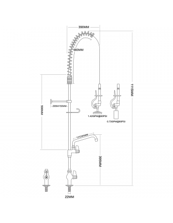 Pre Rinse Spray Unit with Swing faucet Deck mount Single inlet Height 1000mm Stainless steel | TurcoBazaar EQ2803A12