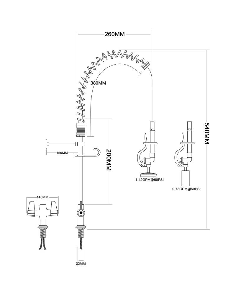 Pre Rinse Spray Unit Deck mount Double inlet Height 600mm Stainless steel | TurcoBazaar EQ7801A