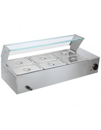 Commercial Stainless Steel Bain Marie with Glass Guard and 6 × 1/2 GN Pans & Lids 1100×570×385mm | TurcoBazaar M2223