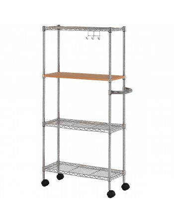 Chrome 4-Tier Utility Trolley Cart with Wooden Countertop 600x250x1200mm | TurcoBazaar MGA266