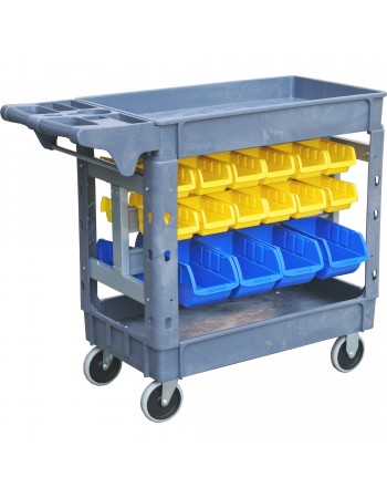 Professional 2-Tier Utility Trolley with Storage Bin Rack & 32 Plastic Bins 227kg Capacity 790x430mm | TurcoBazaar PSB7943232A