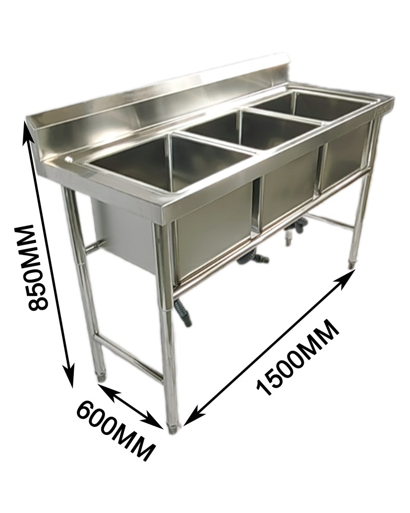 Commercial Stainless Steel Triple Sink with Splashback and Stand 1500x600x850mm | TurcoBazaar QNH702