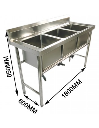 Commercial Stainless Steel Triple Sink with Splashback and Stand 1800x600x850mm | TurcoBazaar QNH704