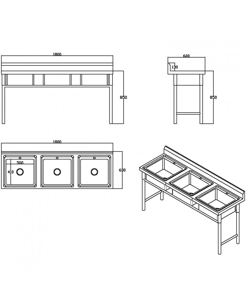 Commercial Stainless Steel Triple Sink with Splashback and Stand 1800x600x850mm | TurcoBazaar QNH704