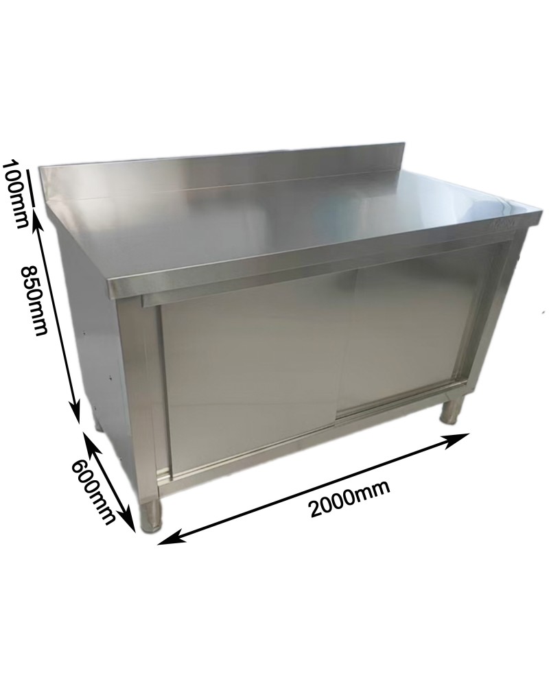 Commercial Stainless Steel Sliding Door Work Table Cabinet with Shelf and Backsplash 2000x600x950mm | TurcoBazaar QNH818